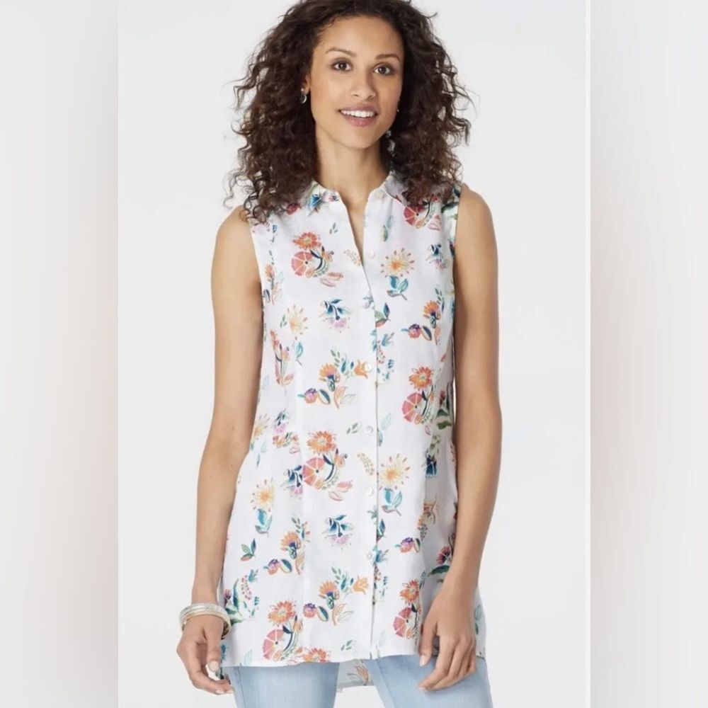 J. Jill Love Linen white floral button up sleeveless blouse size medium
